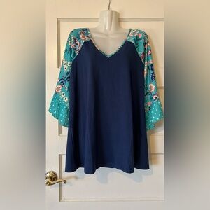 Women's Navy V-Neck Blouse with Teal Floral Sleeves